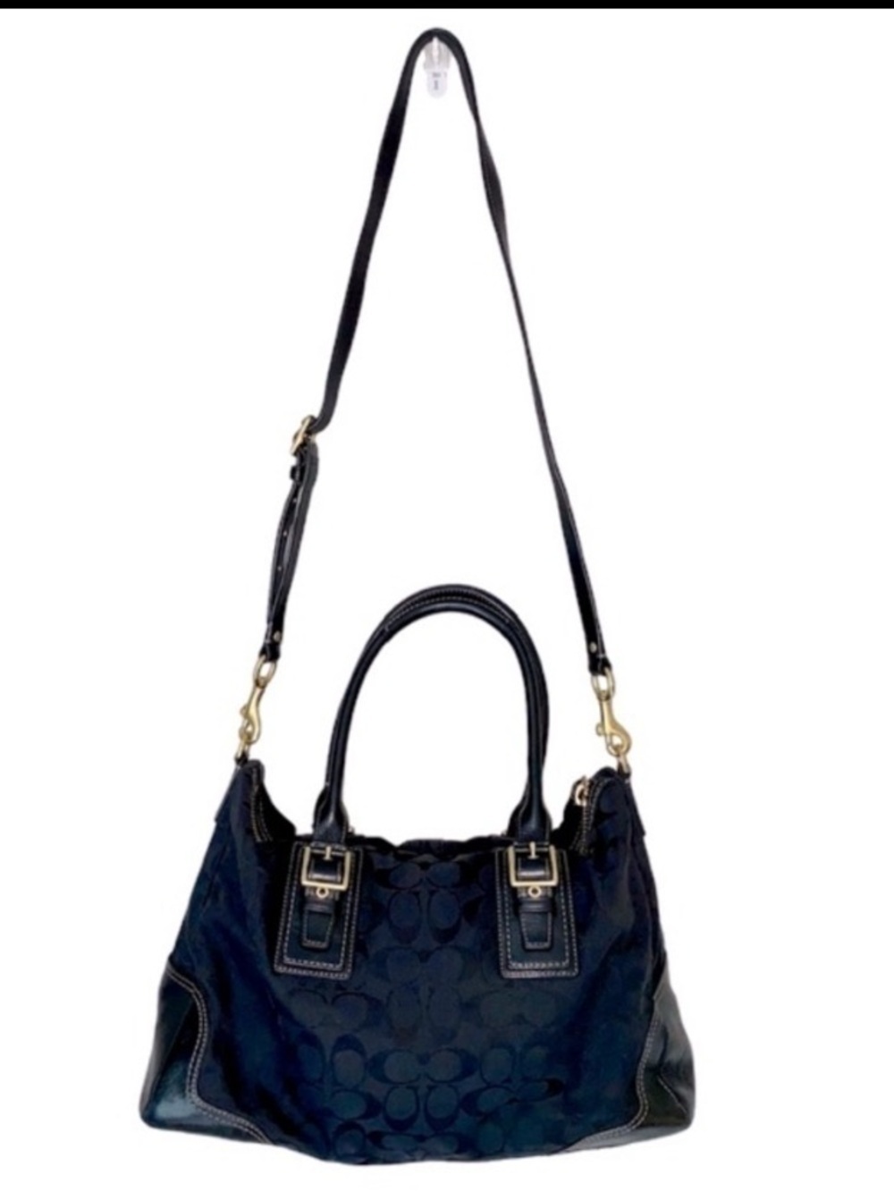 COACH Hampton Satchel Handbag Crossbody Signature Canvas Black/Blue Gold-Tone